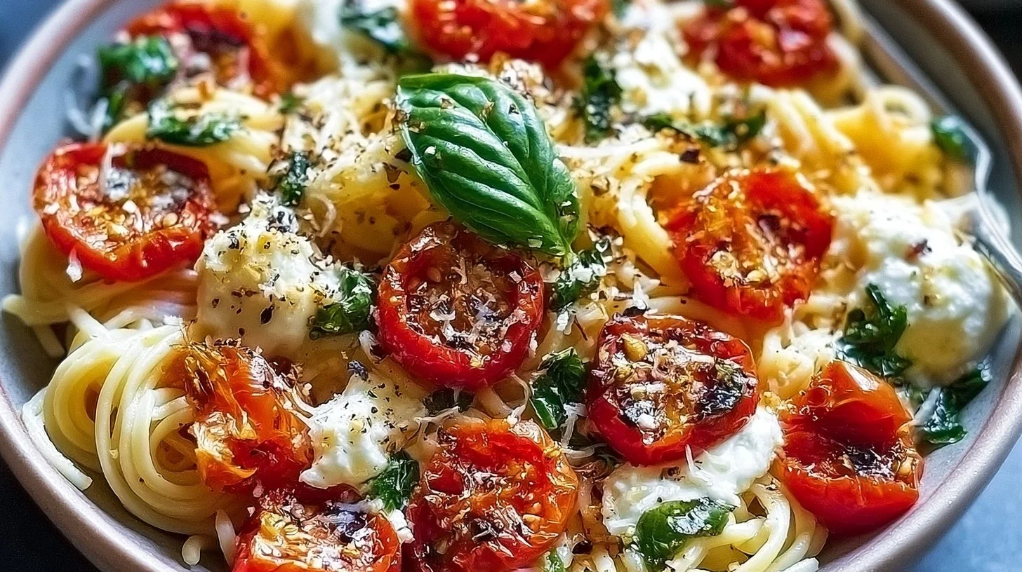 Plate of Roasted Tomato Ricotta Pasta with fresh basil and garlic