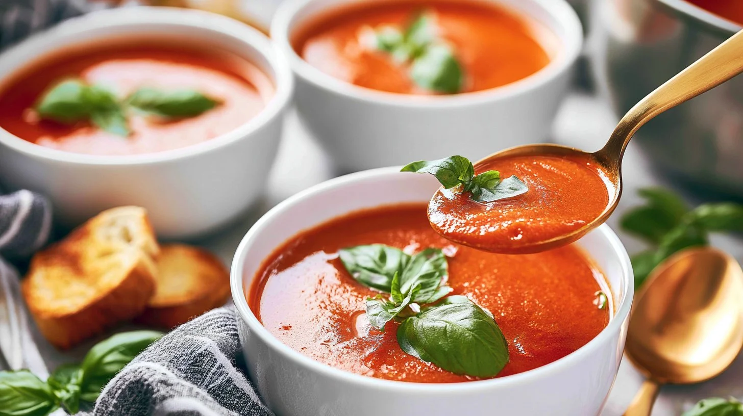 A bowl of homemade roasted tomato basil soup garnished with fresh basil leaves.