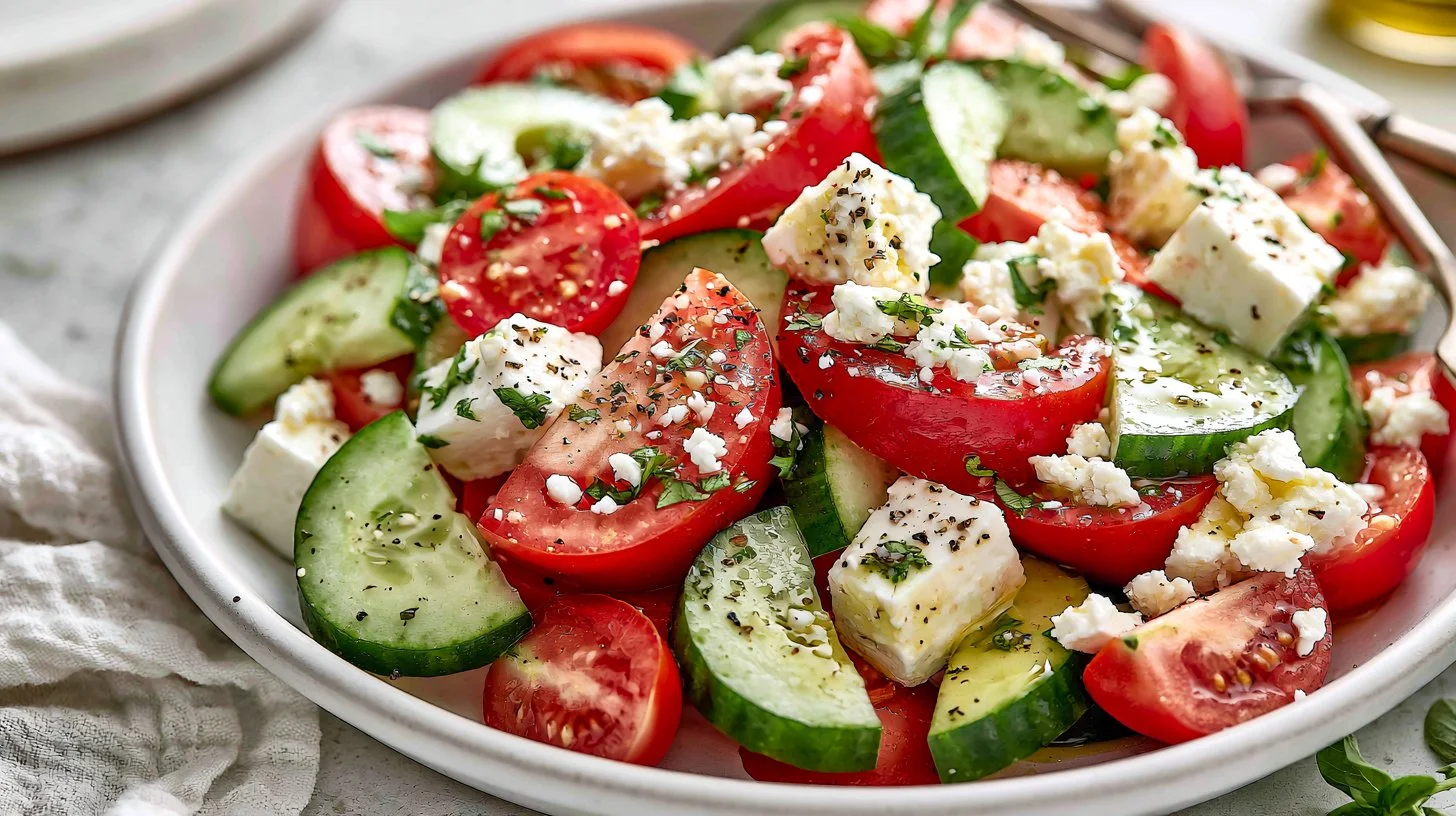 Fresh tomato feta cucumber salad in a bowl with herbs and dressing
