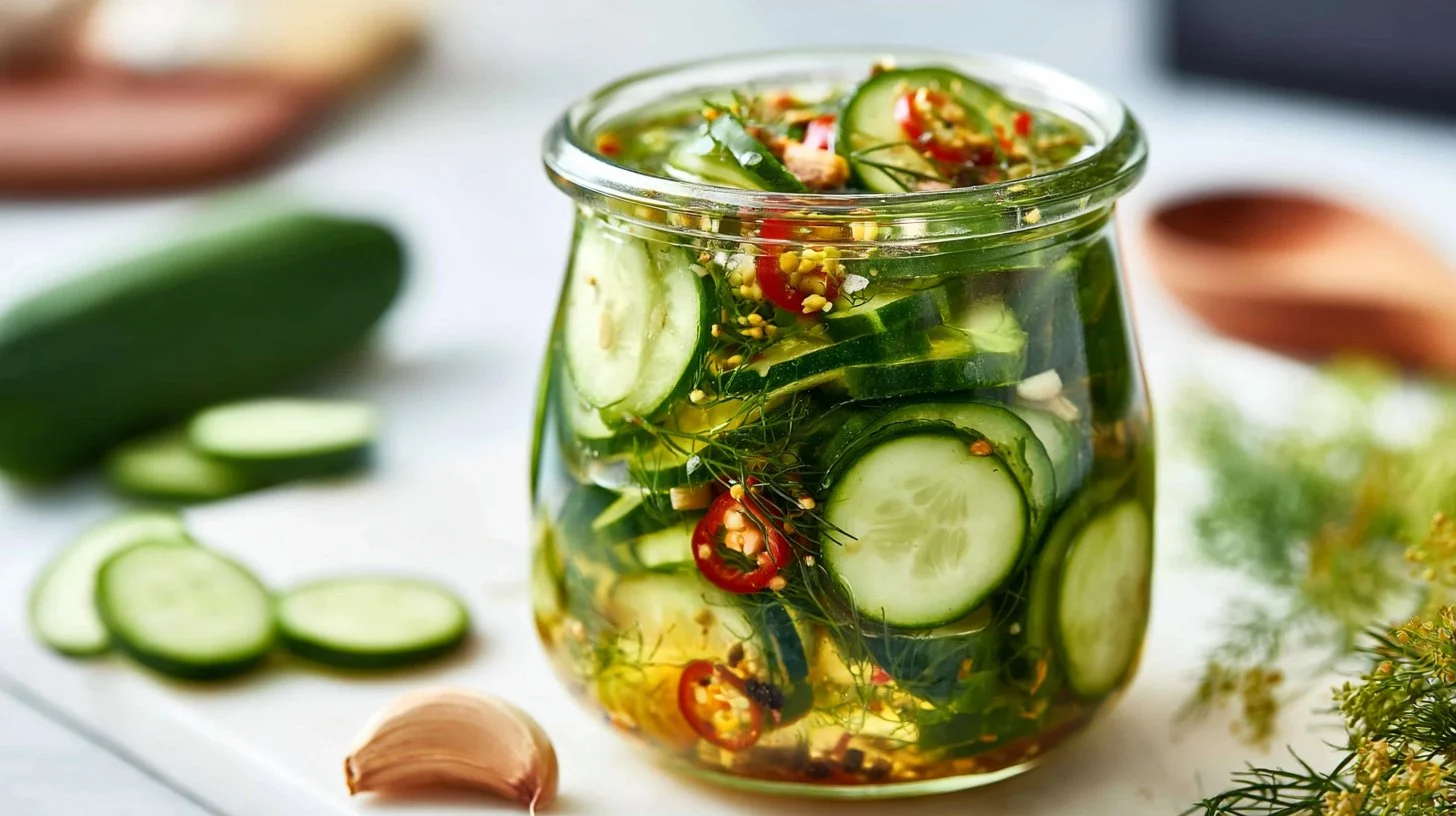Jars of homemade spicy refrigerator pickles on a kitchen counter.