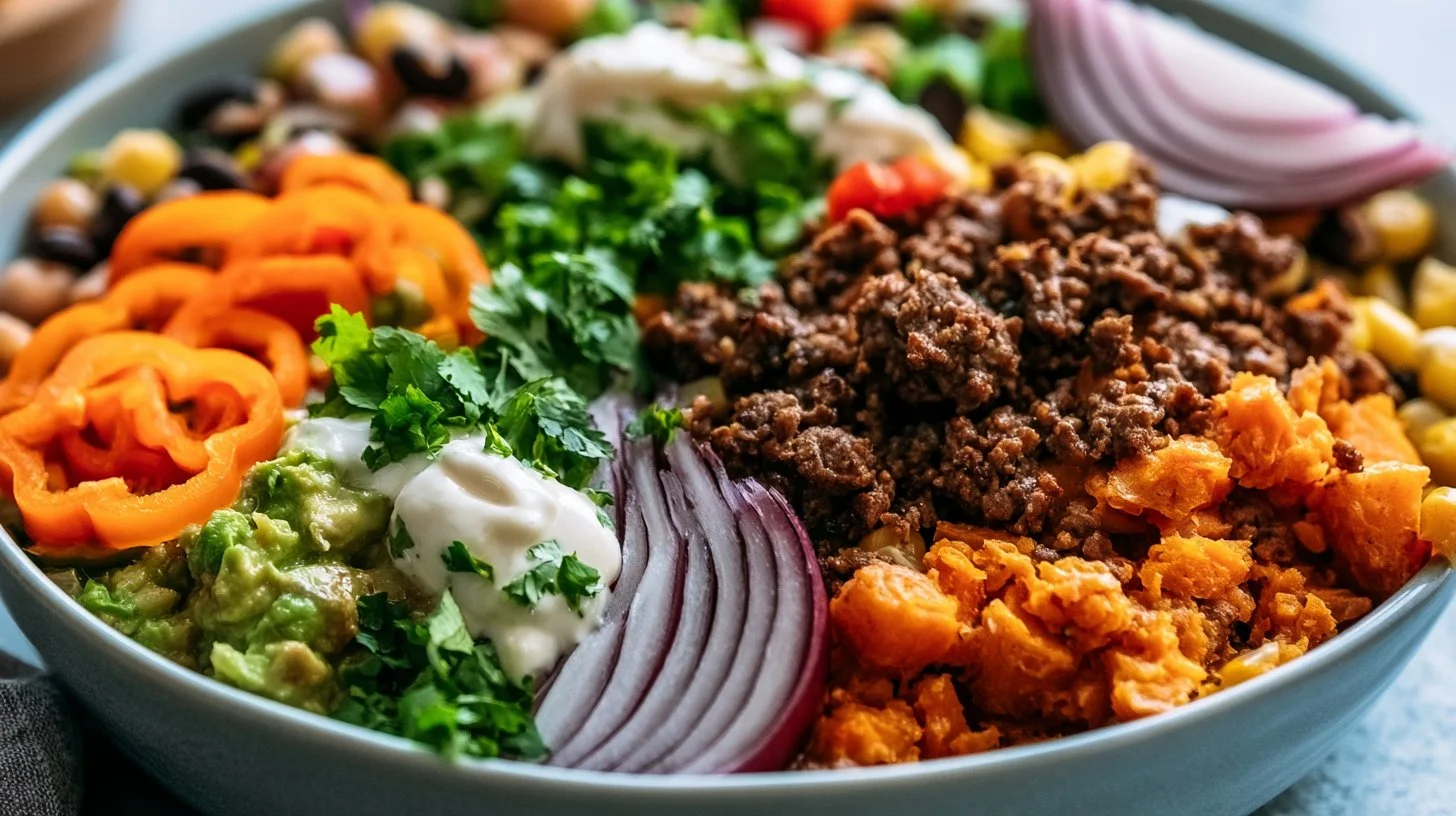 Sweet Potato Taco Bowl with Savory Ground Beef topped with fresh vegetables