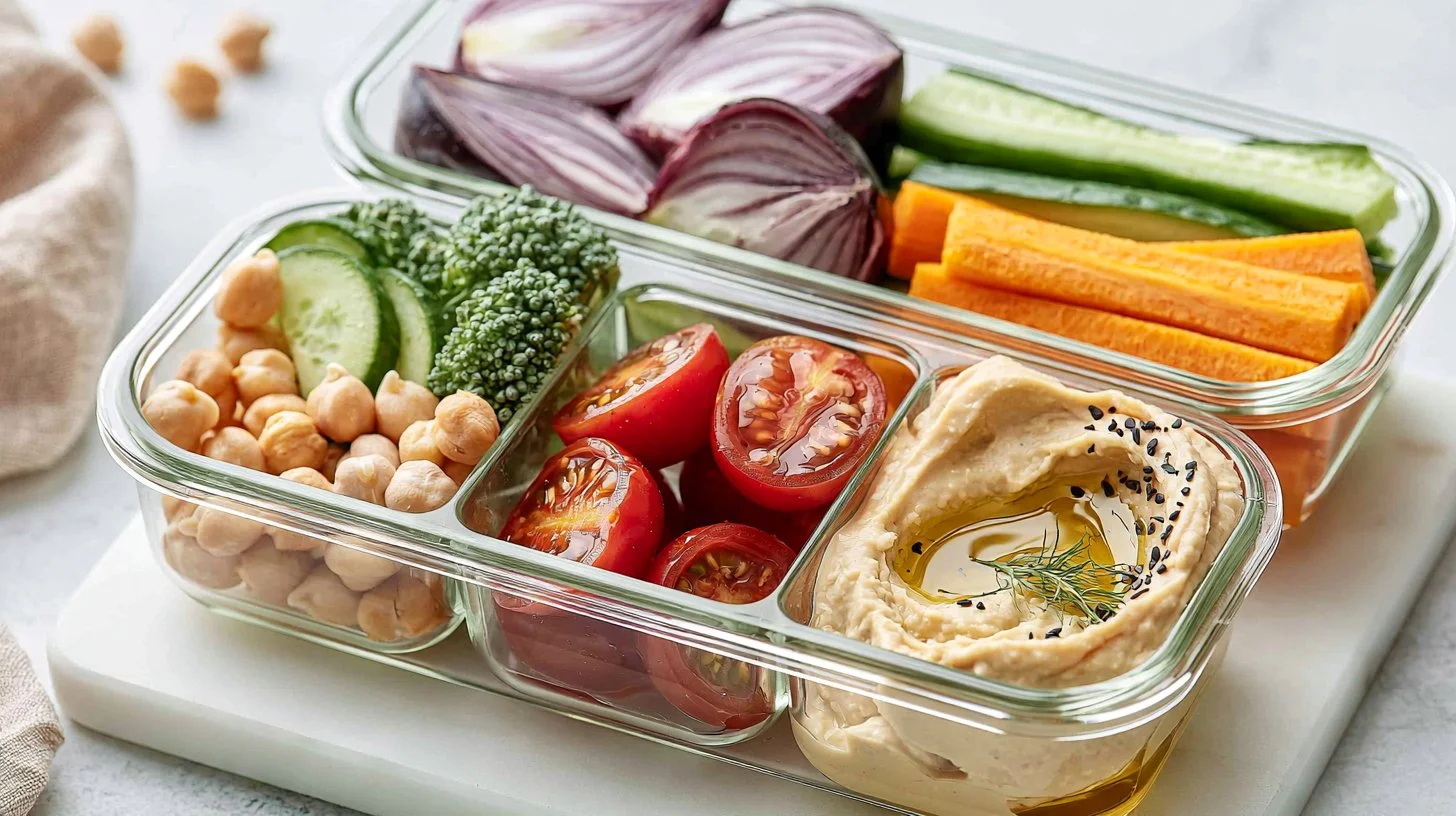 Hummus lunch box with fresh veggies and pita for a healthy meal
