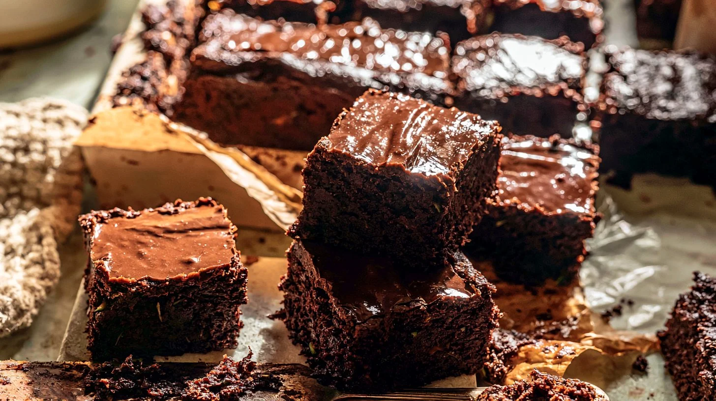 Thick and fudgy zucchini brownies served on a plate