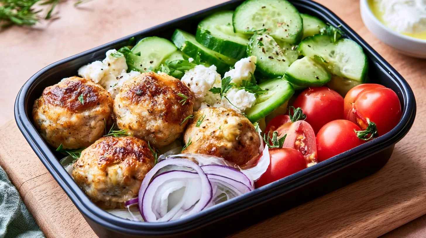 Turkey meatball lunchbox with feta and fresh vegetables