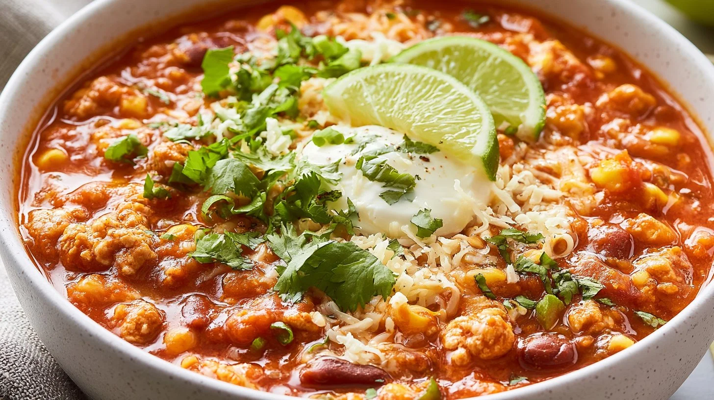 Bowl of Turkey Taco Soup garnished with cilantro and lime