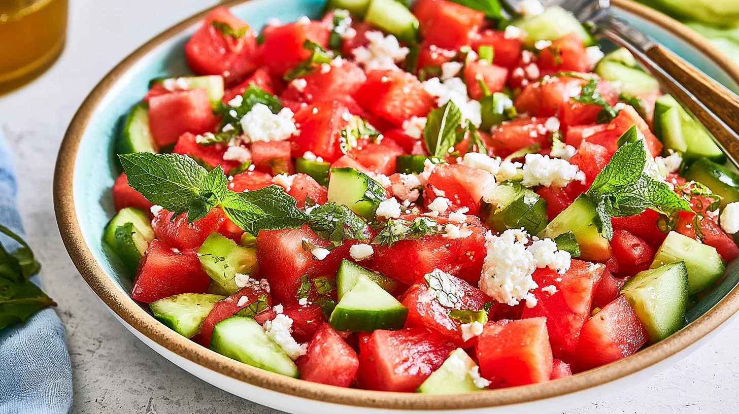 Watermelon salad with feta cheese and cucumber in a bowl